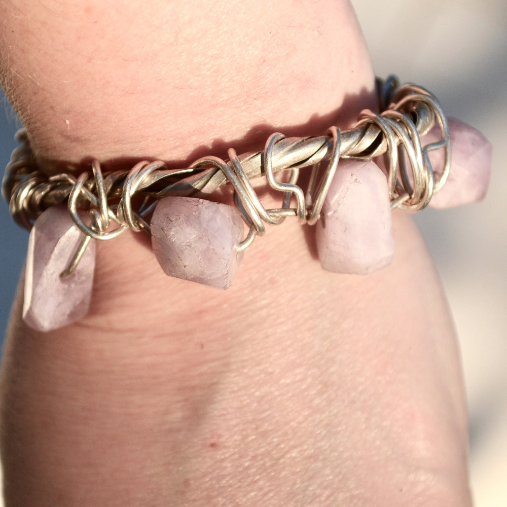 Pink Kunzite Wire Wrapped Sterling Silver Bracelet - Picture 1 of 7
